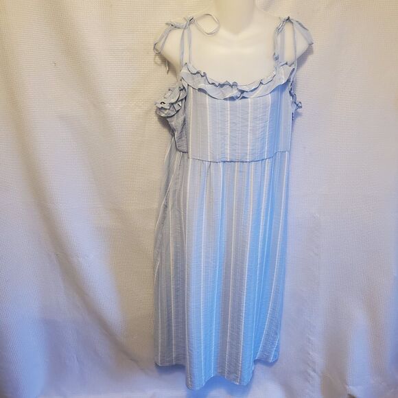 BCBG Paris Light Blue Crepe Midi Dress Size L Babydoll Summer Peasant Stripped - Picture 1 of 9